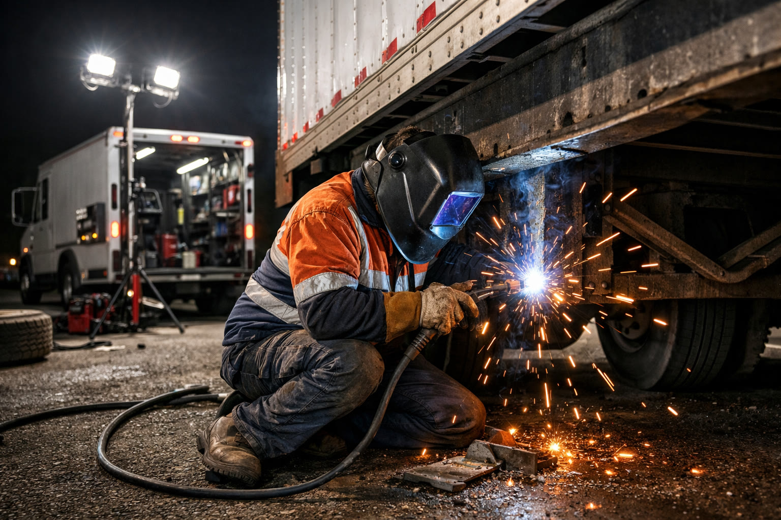 Technician welding a semi truck trailer undercarriage at night