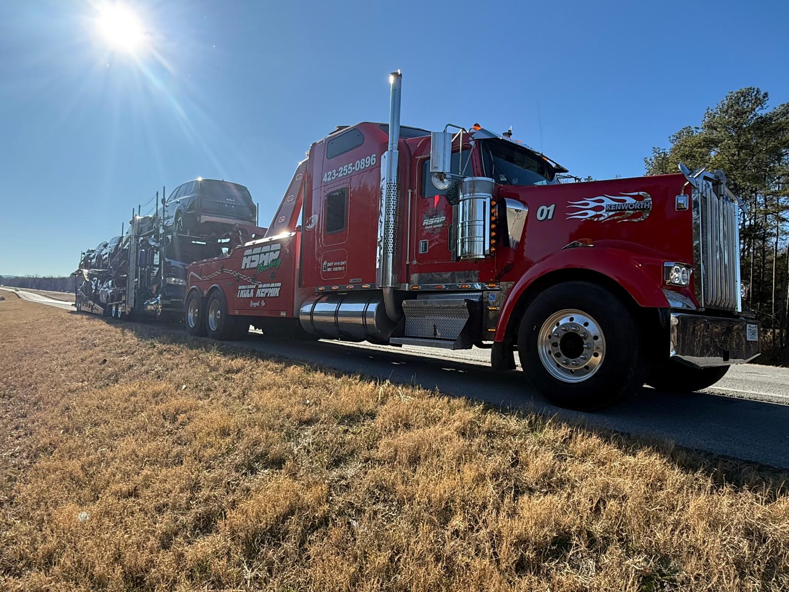 Semi truck engine repair — ASAP Towing diesel mechanic working on heavy-duty engine, Ringgold GA